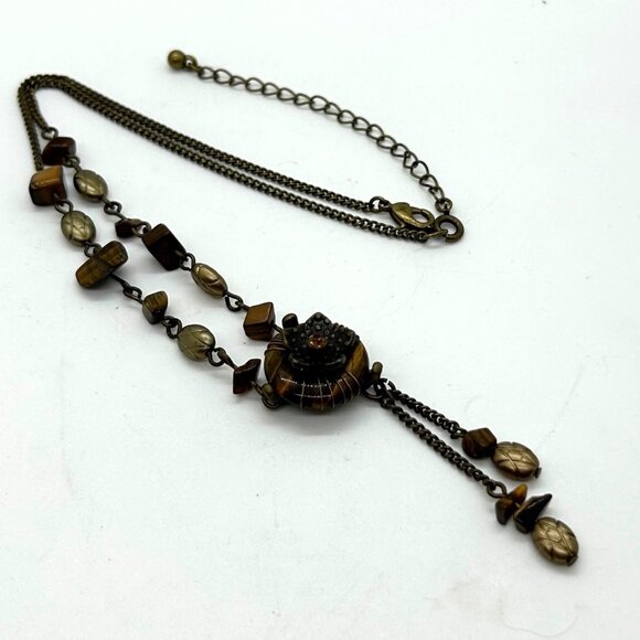 Avon Tiger Eye Necklace Dangle Floral  Vintage Brass-tone up to 19 inches - Picture 1 of 15